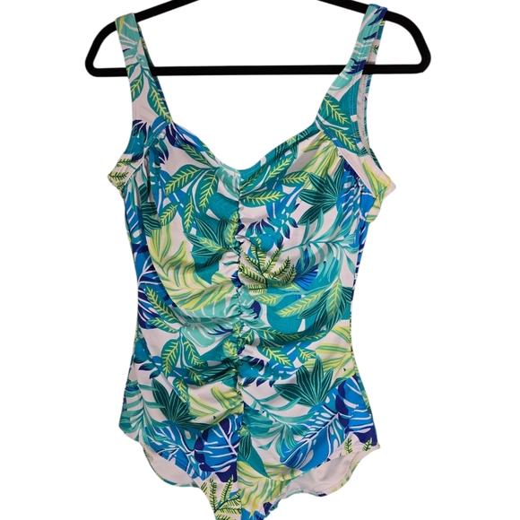 Island Collection Other - Tropical Leaf Ruched One-Piece Swimsuit - Blue/Green